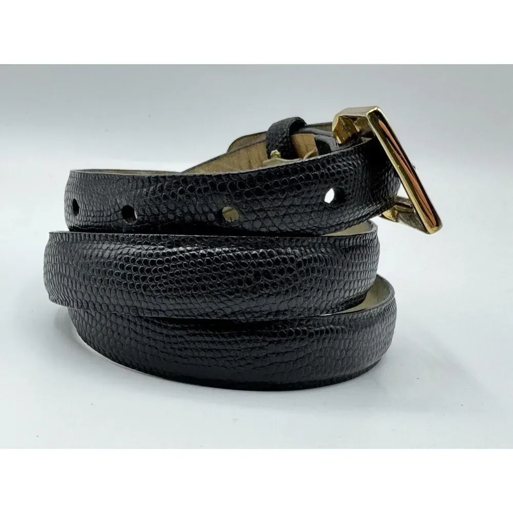 W. KLEINBERG LUXURY BLACK EMBOSSED LIZARD BELT 1/2” WIDE GOLD BUCKLE SIZE MEDIUM
